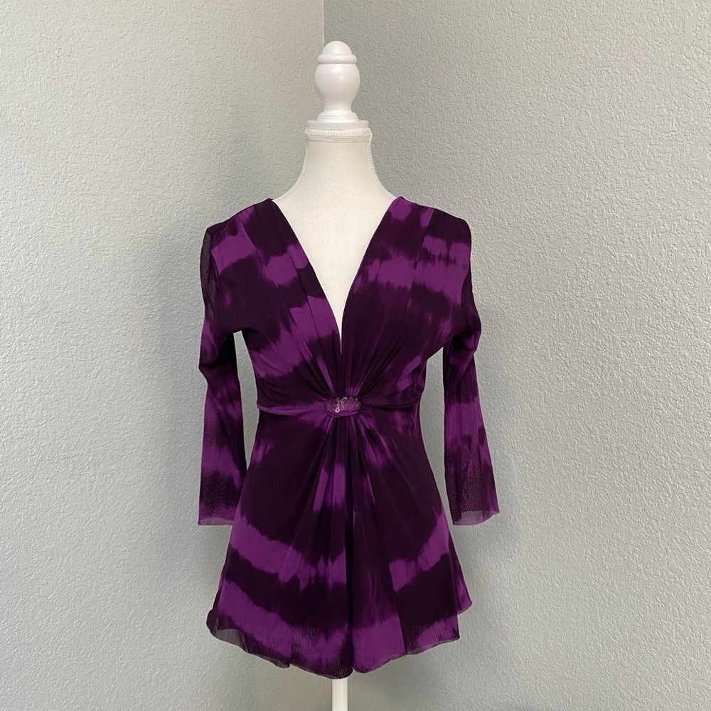 SWEET PEA PURPLE MESH TIE DYE TWISTED FRONT BABYDOLL SEQUIN QUARTER SLEEVE TOP
